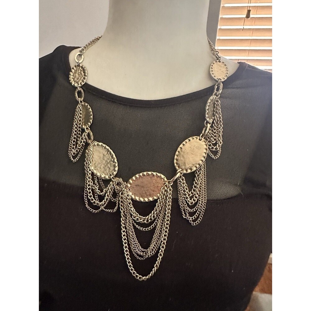 Chico’s Boho Statement Necklace Gold Tone Hammered Discs Layered Draped Chains